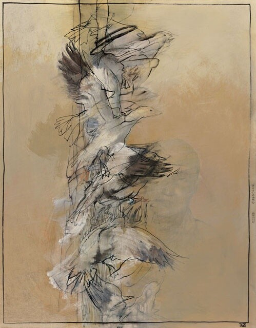 Malerei mit dem Titel "Disturbed Birds" von Janis Zingitis, Original-Kunstwerk