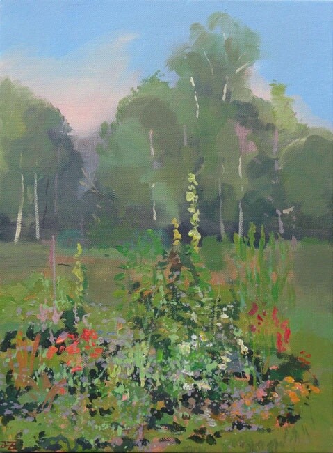 Peinture intitulée "Garden in July" par Janis Zingitis, Œuvre d'art originale, Acrylique