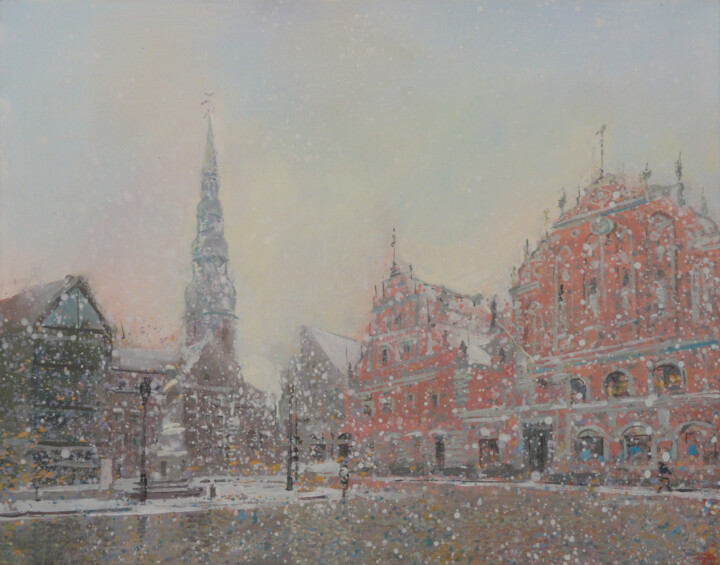 Pintura intitulada "Snow in Riga Old To…" por Janis Zingitis, Obras de arte originais, Óleo