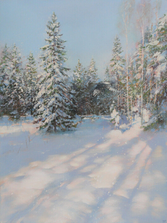 Painting titled "Glistening Snow in…" by Janis Zingitis, Original Artwork, Oil