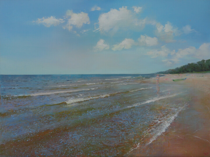 Painting titled "On the Beach (Pludm…" by Janis Zingitis, Original Artwork, Oil