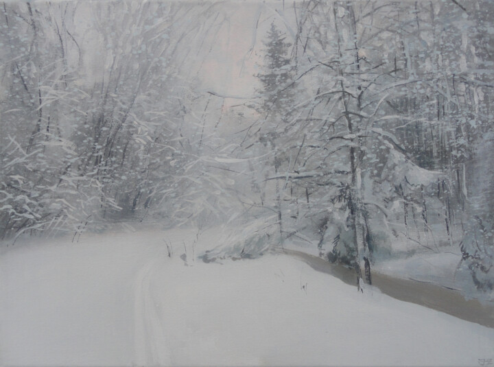 Schilderij getiteld "Woodside in Winter.…" door Janis Zingitis, Origineel Kunstwerk, Olie