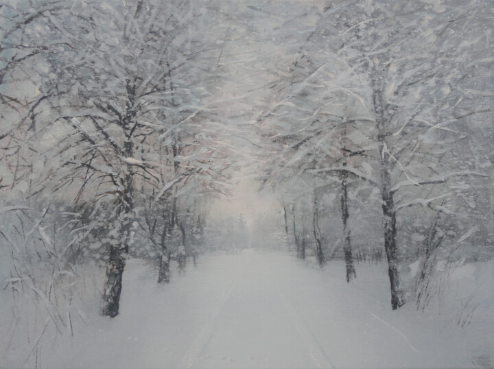 Schilderij getiteld "Country Road in Win…" door Janis Zingitis, Origineel Kunstwerk, Olie