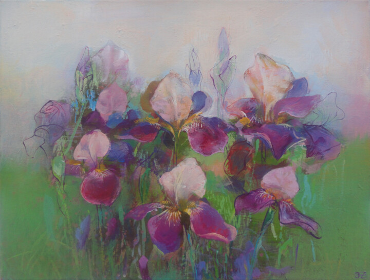 Painting titled "Study of Irises" by Janis Zingitis, Original Artwork, Oil