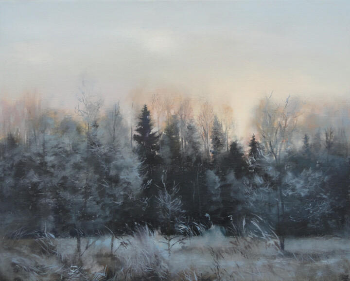 Painting titled "Sunrise in Winter" by Janis Zingitis, Original Artwork, Oil
