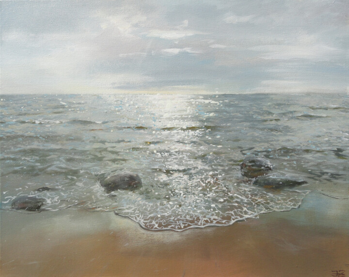 Картина под названием "Silver Sea Study" - Janis Zingitis, Подлинное произведение искусства, Акрил Установлен на Деревянная…