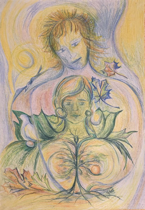 Drawing titled "Couple in the autum…" by Mgr. Janka Anděl Šustrová, Original Artwork, Pastel