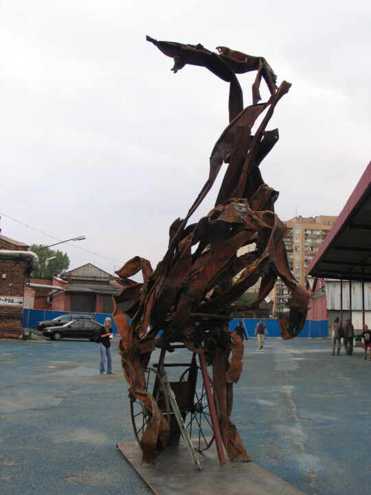 Sculptuur getiteld "market with horses" door Mitas, Origineel Kunstwerk, Metalen