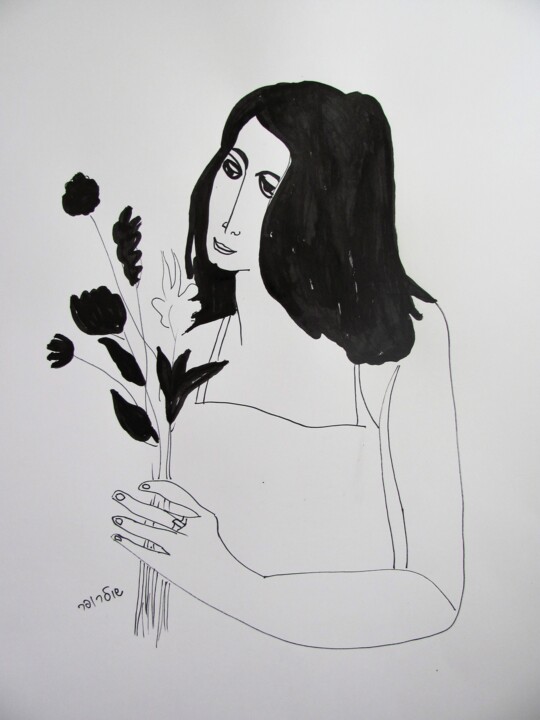 Dessin intitulée "girl with flowers" par Janna Shulrufer, Œuvre d'art originale, Stylo gel