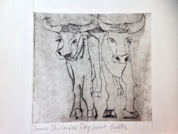 Printmaking titled "bulls" by Janna Shulrufer, Original Artwork, Engraving
