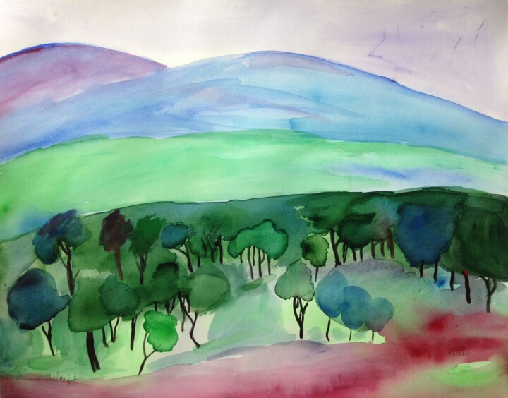 Painting titled "trees" by Janna Shulrufer, Original Artwork, Watercolor