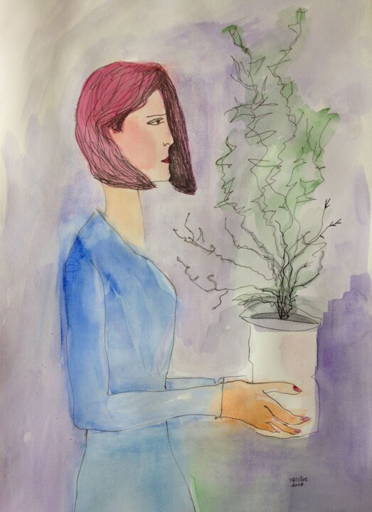 Drawing titled "girl with flower" by Janna Shulrufer, Original Artwork, Watercolor