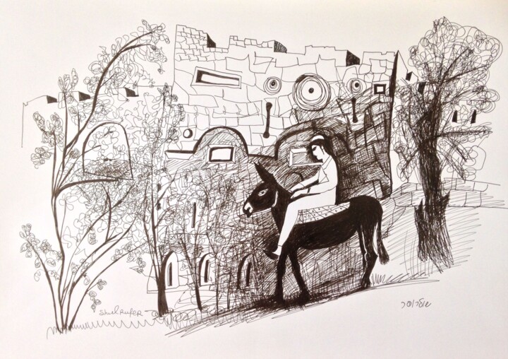 Disegno intitolato "walk in the old town" da Janna Shulrufer, Opera d'arte originale, Inchiostro