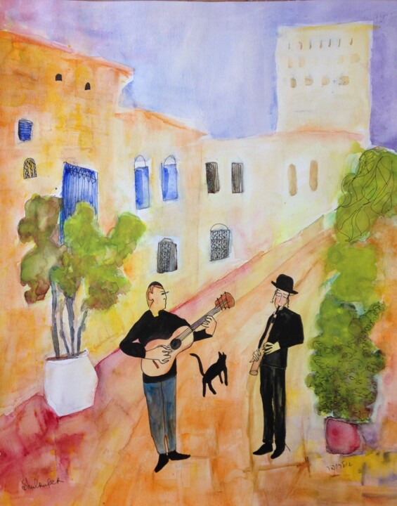 Pintura titulada "Klezmers in Safed 2" por Janna Shulrufer, Obra de arte original, Acuarela