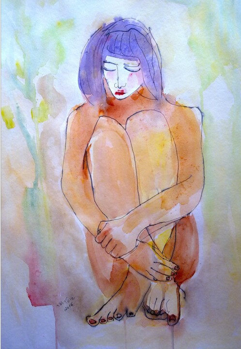 Disegno intitolato "siiting woman" da Janna Shulrufer, Opera d'arte originale, Acquarello