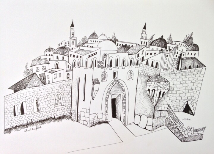Drawing titled "View at The Holy Ci…" by Janna Shulrufer, Original Artwork, Gel pen