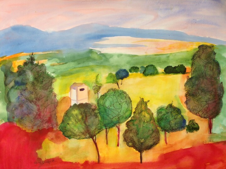 Malerei mit dem Titel "Trees in Ha-galil" von Janna Shulrufer, Original-Kunstwerk, Aquarell