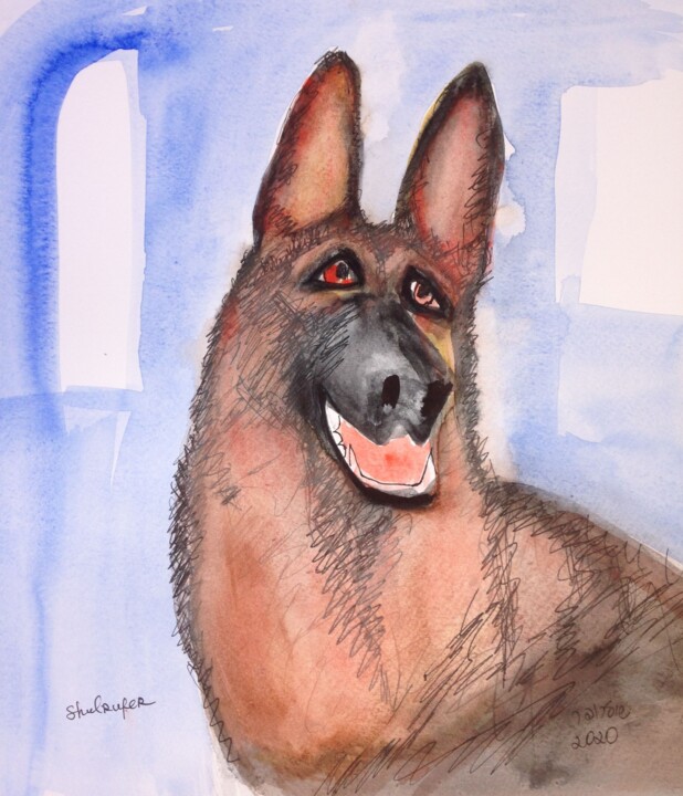 Рисунок под названием "portrait of dog" - Janna Shulrufer, Подлинное произведение искусства, Акварель