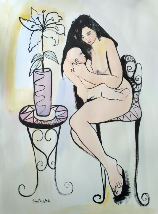 Рисунок под названием "mother & child" - Janna Shulrufer, Подлинное произведение искусства, Чернила