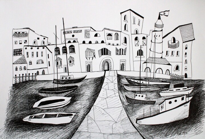 Dessin intitulée "view at Jaffa" par Janna Shulrufer, Œuvre d'art originale, Encre