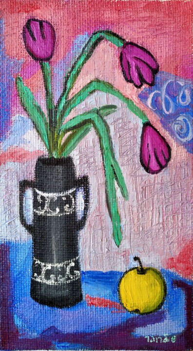 Pittura intitolato "vase with tulips" da Janna Shulrufer, Opera d'arte originale, Olio