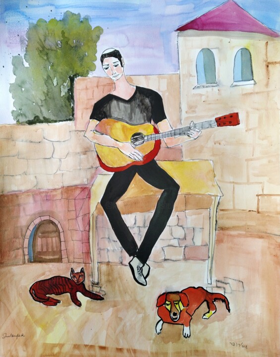 Drawing titled "musicians in Tsefat" by Janna Shulrufer, Original Artwork, Watercolor