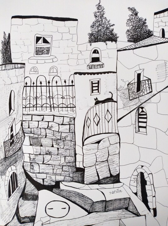 Рисунок под названием "in old city" - Janna Shulrufer, Подлинное произведение искусства, Гелевая ручка