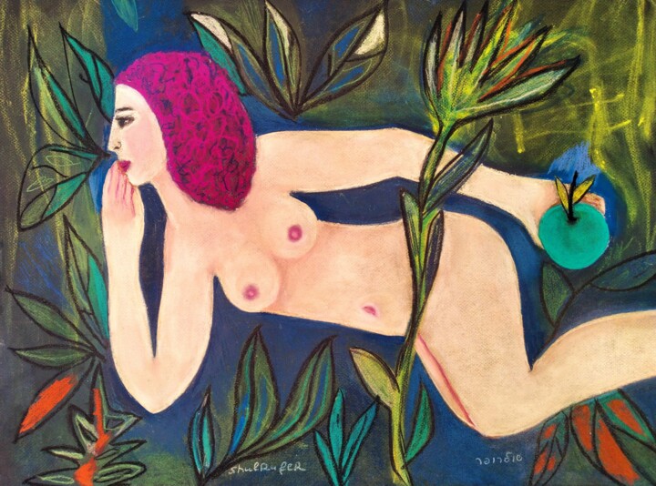 Dessin intitulée "Eve with apple" par Janna Shulrufer, Œuvre d'art originale, Pastel
