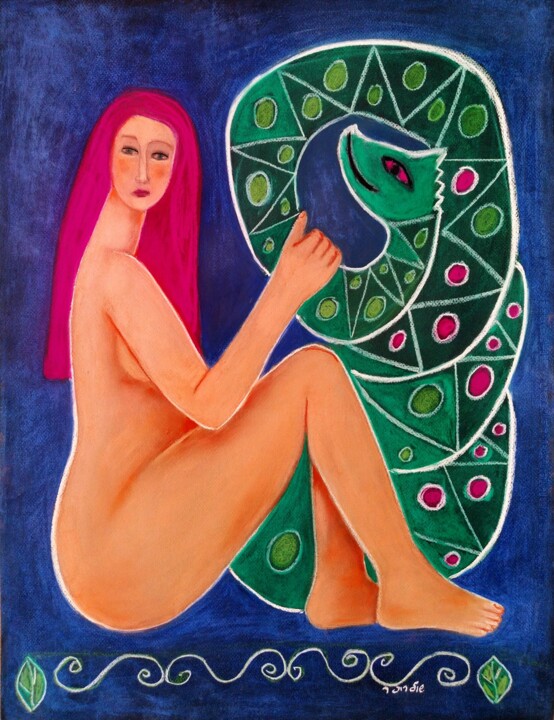 Tekening getiteld "Eve and Serpent" door Janna Shulrufer, Origineel Kunstwerk, Pastel