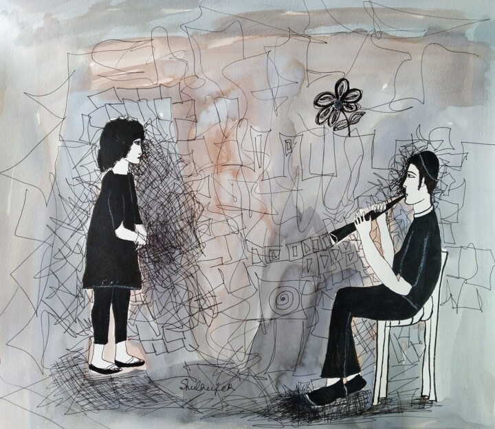 Рисунок под названием "the music" - Janna Shulrufer, Подлинное произведение искусства, Чернила