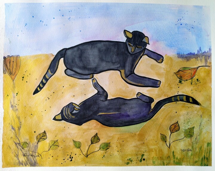 Painting titled "two cats" by Janna Shulrufer, Original Artwork, Watercolor