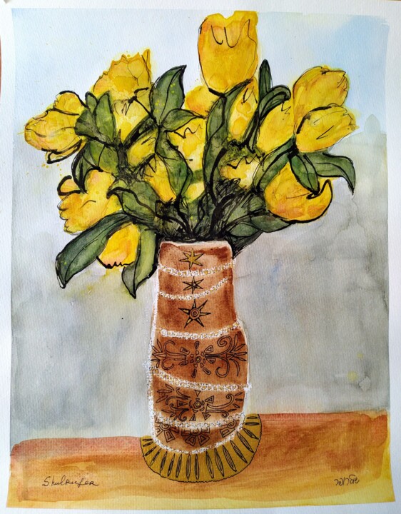 Drawing titled "Yellow tulips" by Janna Shulrufer, Original Artwork, Watercolor