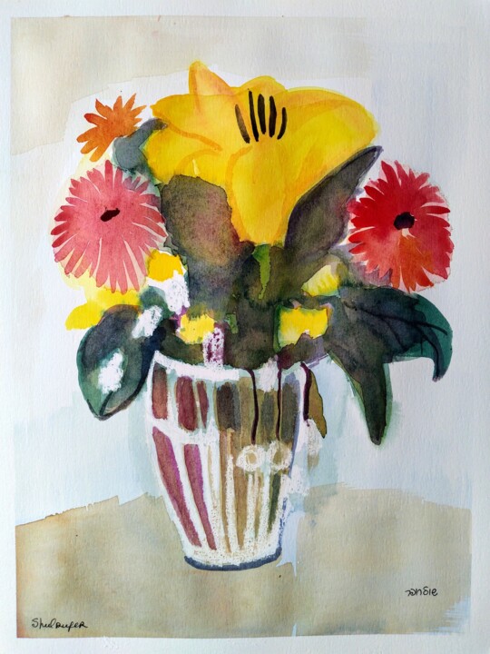 Painting titled "bouquet in a vase" by Janna Shulrufer, Original Artwork, Watercolor