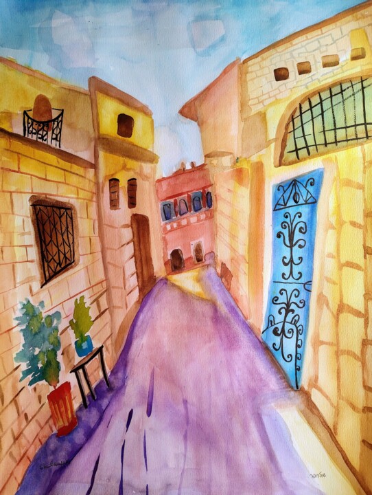 Malerei mit dem Titel "Old street in Zefat" von Janna Shulrufer, Original-Kunstwerk, Aquarell