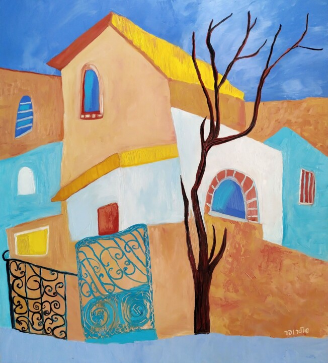 Peinture intitulée "cityscape with tree" par Janna Shulrufer, Œuvre d'art originale, Huile