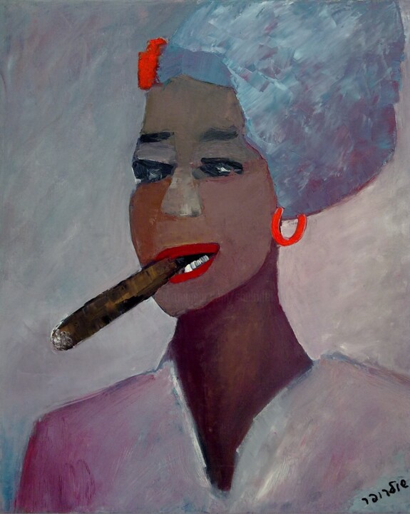 Painting titled "woman with cigar" by Janna Shulrufer, Original Artwork, Oil