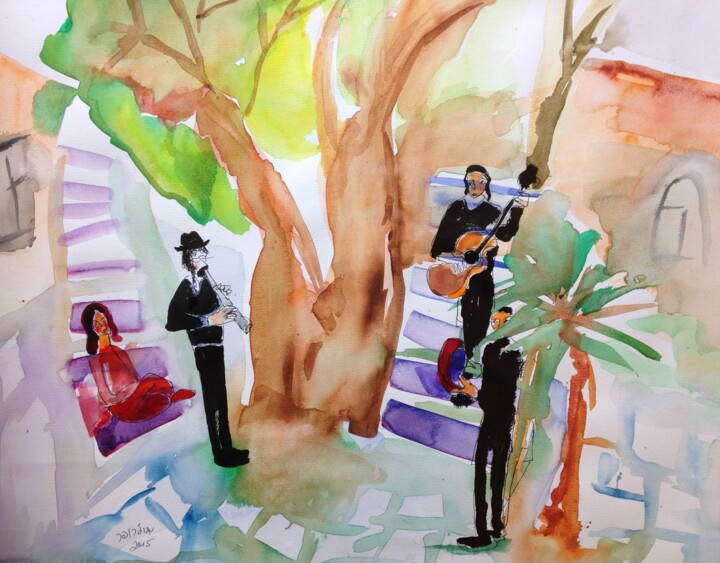 Картина под названием "klezmers in Safed 1" - Janna Shulrufer, Подлинное произведение искусства, Акварель