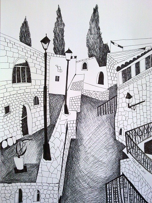 Disegno intitolato "Urban landscape" da Janna Shulrufer, Opera d'arte originale, Penna gel