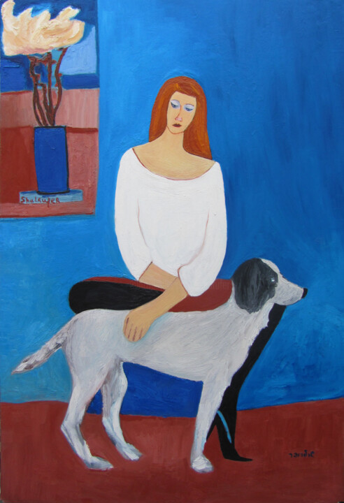 Painting titled "Girl and dog" by Janna Shulrufer, Original Artwork, Oil