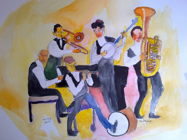 Malerei mit dem Titel "Jazz-band" von Janna Shulrufer, Original-Kunstwerk, Aquarell