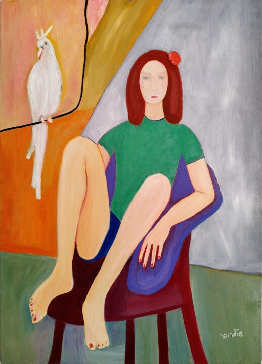 Malerei mit dem Titel "Girl with parrot" von Janna Shulrufer, Original-Kunstwerk, Öl