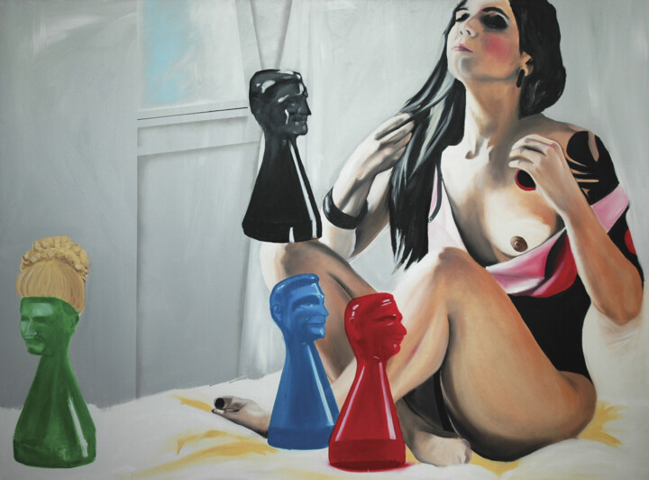 Painting titled "Bed games" by Janos Kujbus, Original Artwork, Oil
