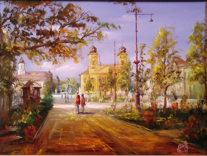 Malerei mit dem Titel "Sunday walk / Prome…" von Janos Maksai, Original-Kunstwerk, Öl