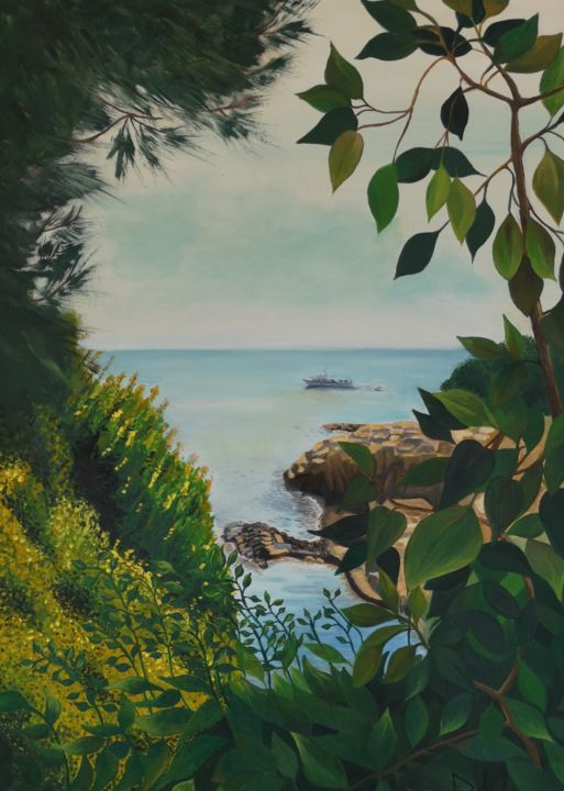 Peinture intitulée "paysage méditerrané" par Dominique Janssen, Œuvre d'art originale, Huile Monté sur Châssis