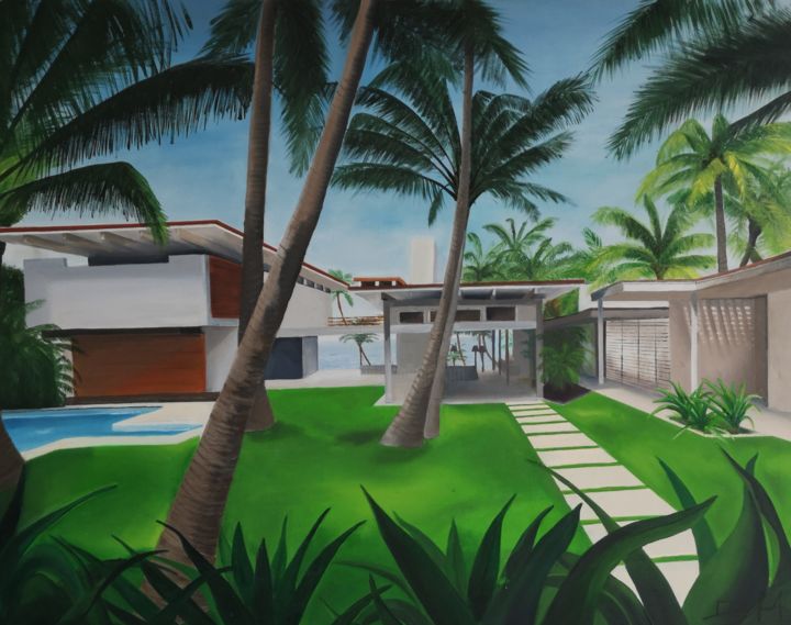 Peinture intitulée "tropical house" par Dominique Janssen, Œuvre d'art originale, Huile Monté sur Châssis