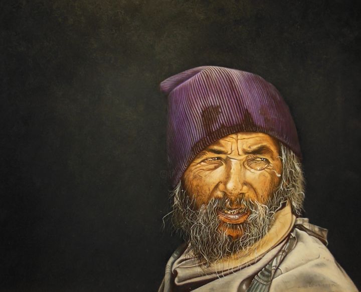 Painting titled "Nepalese man" by Jan Teunissen, Original Artwork, Oil Mounted on Wood Panel