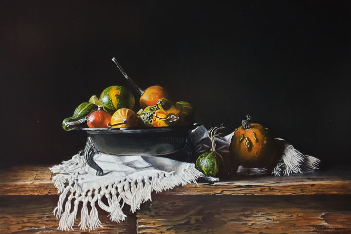Schilderij getiteld "Pumpkins in pewter…" door Jan Teunissen, Origineel Kunstwerk, Olie