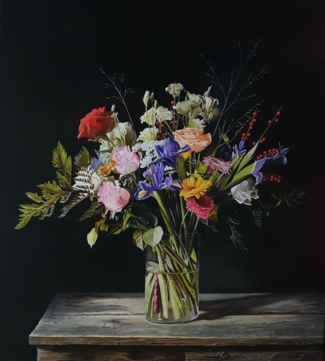 Pittura intitolato "Colorful flower sti…" da Jan Teunissen, Opera d'arte originale, Olio