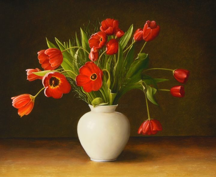 Schilderij getiteld "Red Tulips" door Jan Teunissen, Origineel Kunstwerk, Olie Gemonteerd op Houten paneel