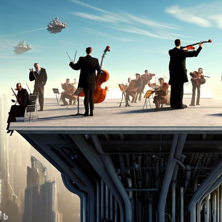Arte digitale intitolato "Orkiestra na dachu" da Janusz Klas (El Polaco), Opera d'arte originale, Immagine generata dall'IA